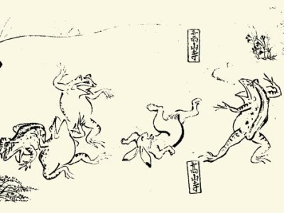 豪快に投げ飛ばされる兎と大爆笑の蛙